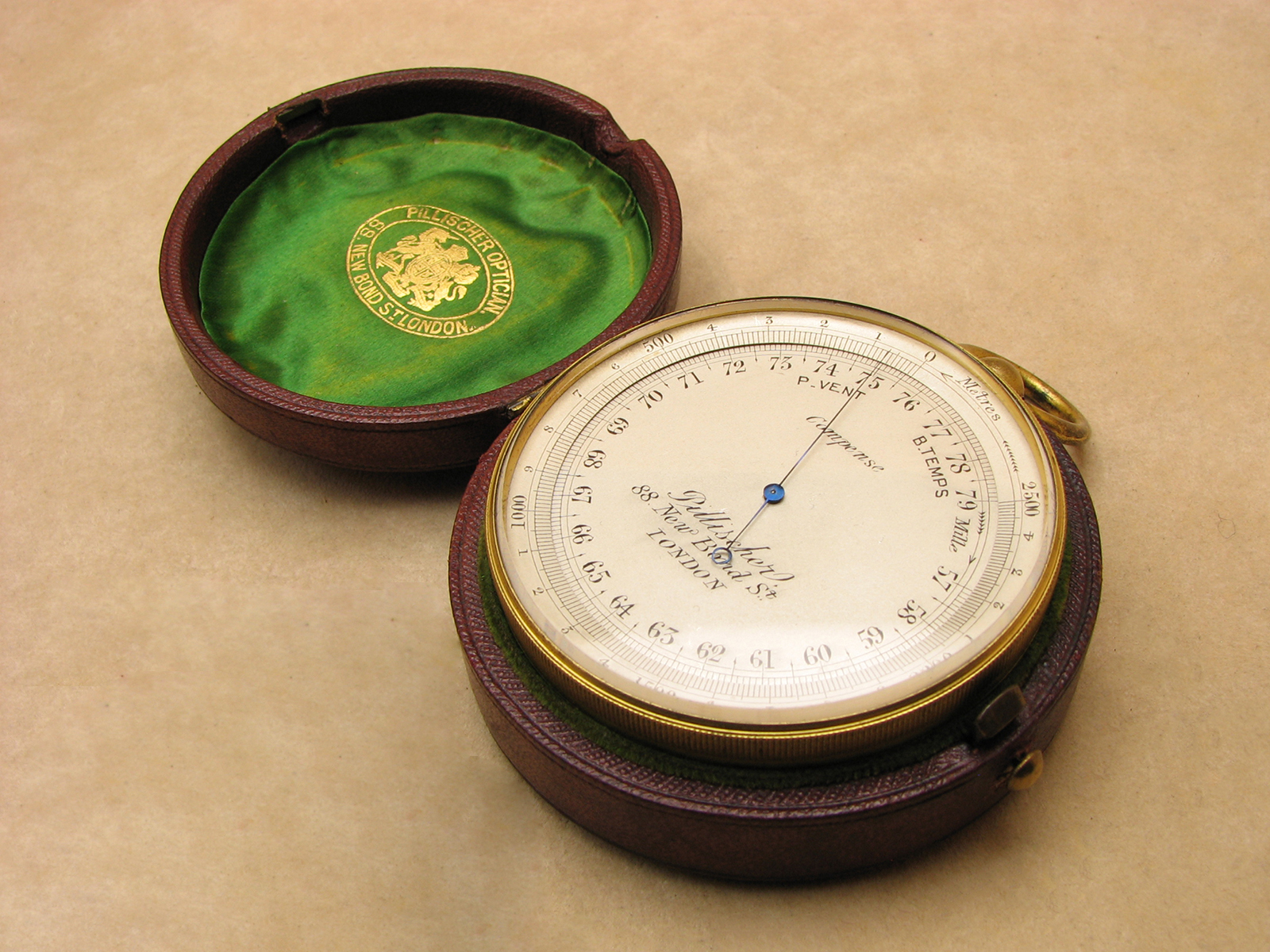 19th century pocket barometer with rare Torr scale, signed Pillischer London